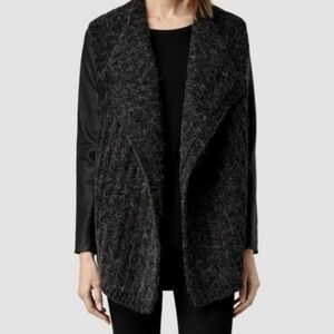 ALL SAINTS Wool/Alpaca/Leather ‘Weston’ Cardigan Jacket, Grey/Black, Size 4